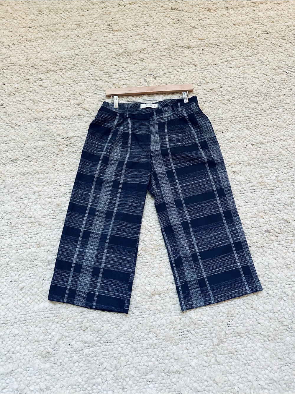 Mango Navy and Gray Plaid Wide-Leg Pants